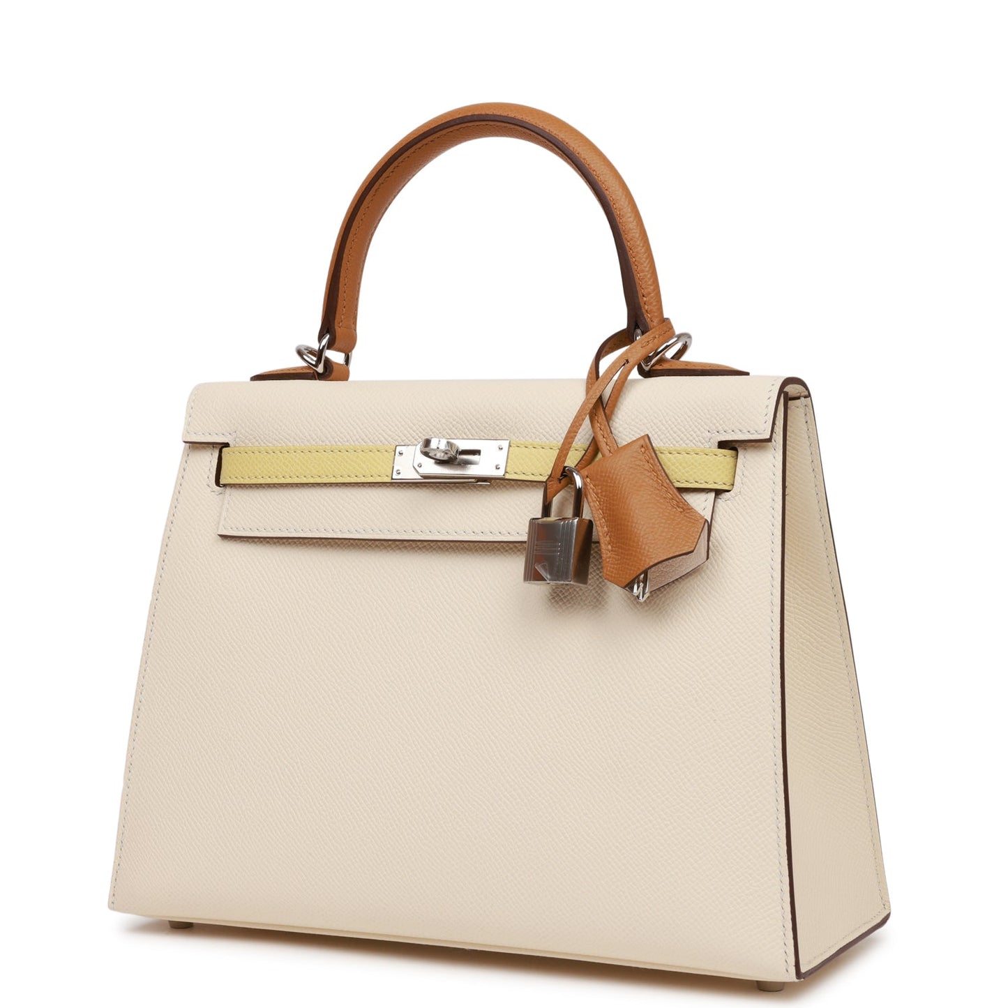 Hermes Kelly Sellier 25 Tri-Color Nata, Jaune Poussin and Sesame Epsom Palladium Hardware