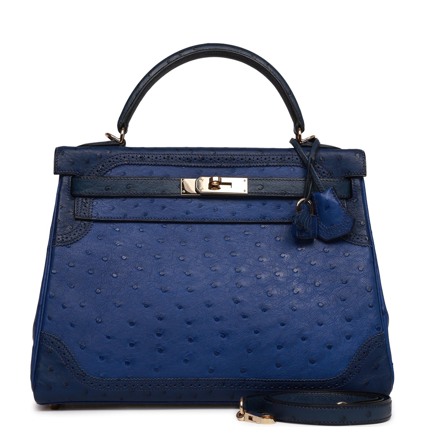 Pre-owned Hermes Ghillies Kelly Retourne 32 Bleu Saphir, Bleu Iris and Bleu de Malte Ostrich Permabrass Hardware