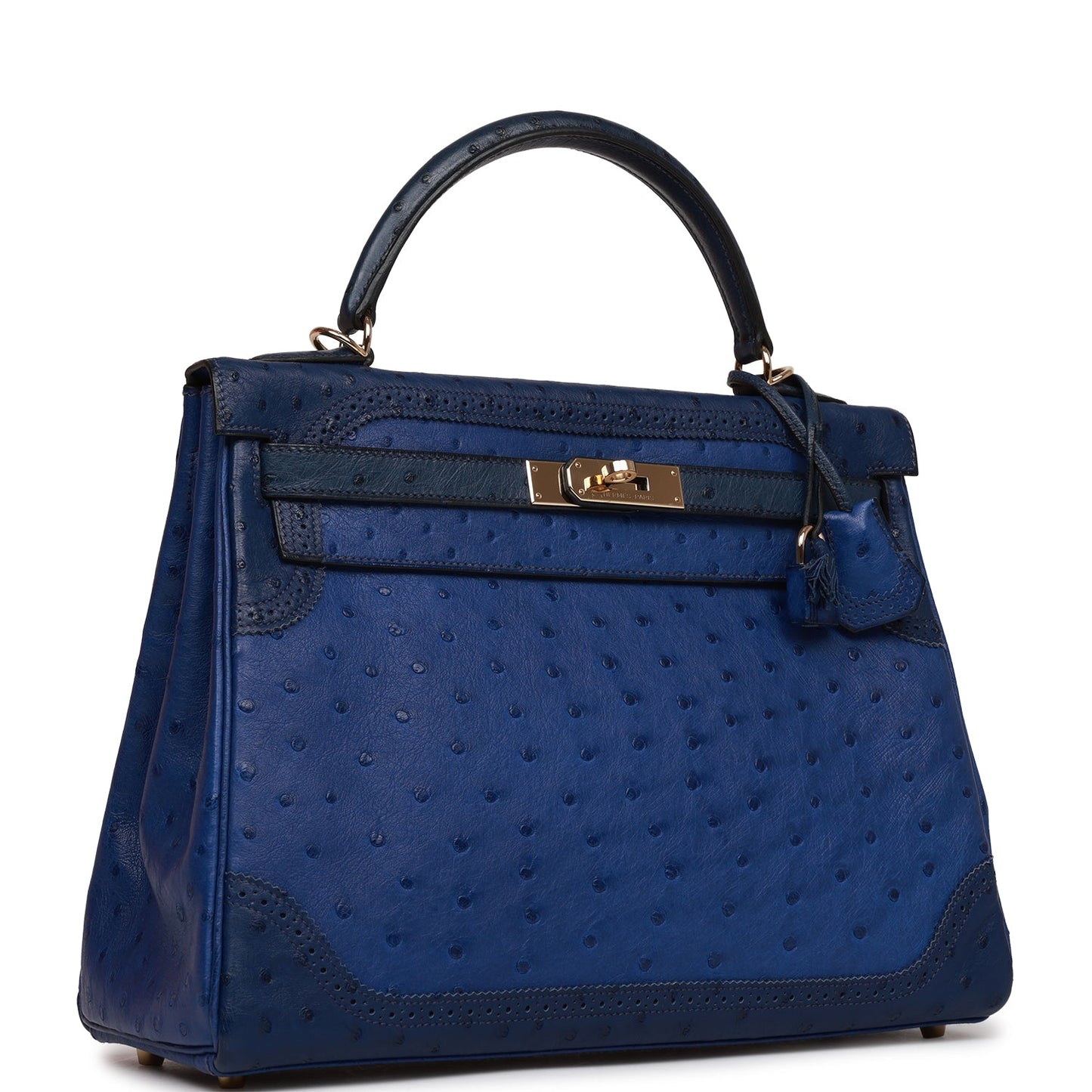 Pre-owned Hermes Ghillies Kelly Retourne 32 Bleu Saphir, Bleu Iris and Bleu de Malte Ostrich Permabrass Hardware