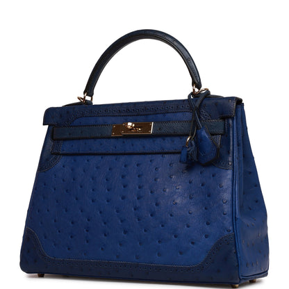 Pre-owned Hermes Ghillies Kelly Retourne 32 Bleu Saphir, Bleu Iris and Bleu de Malte Ostrich Permabrass Hardware