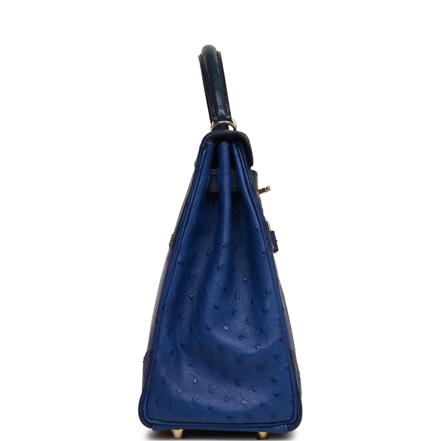 Pre-owned Hermes Ghillies Kelly Retourne 32 Bleu Saphir, Bleu Iris and Bleu de Malte Ostrich Permabrass Hardware