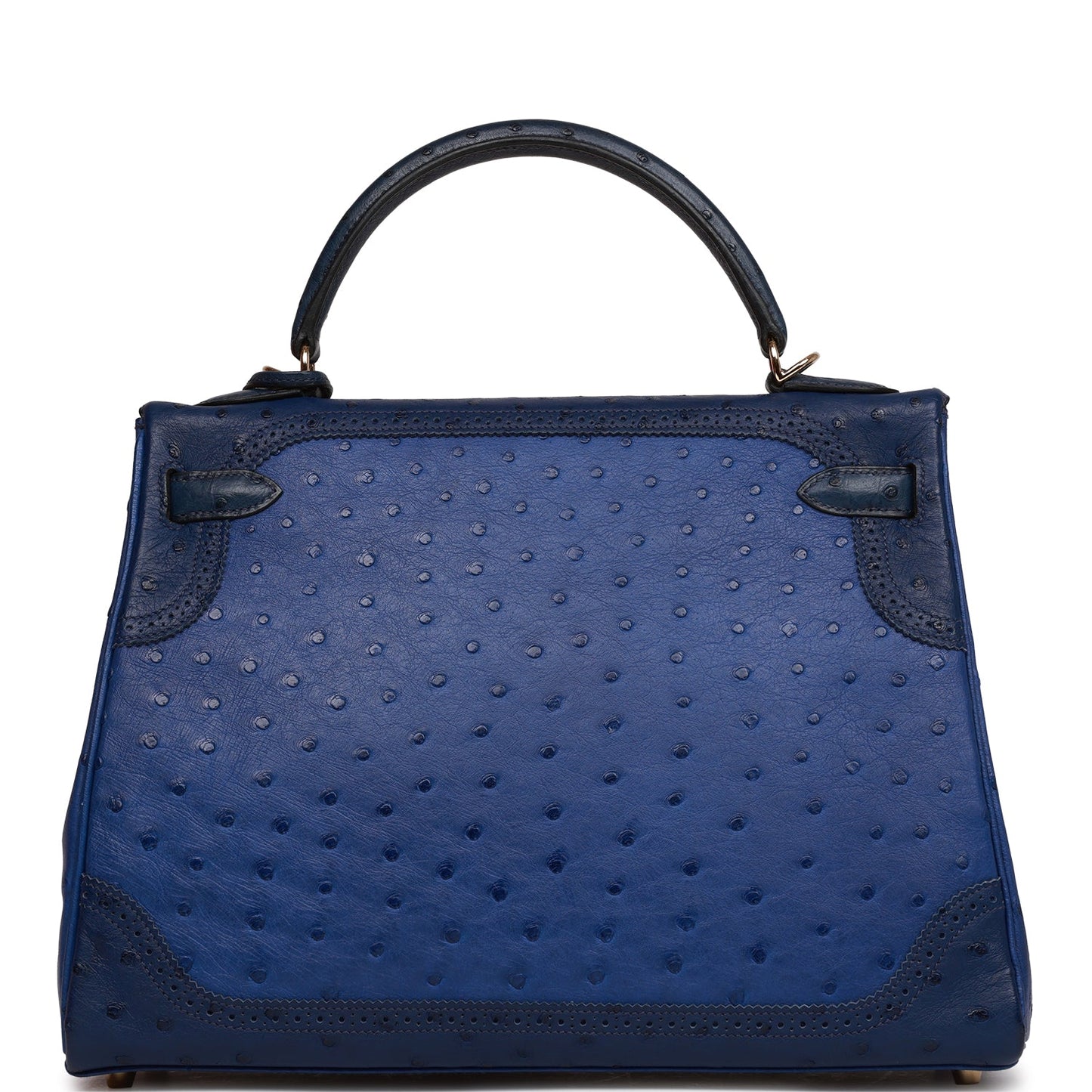 Pre-owned Hermes Ghillies Kelly Retourne 32 Bleu Saphir, Bleu Iris and Bleu de Malte Ostrich Permabrass Hardware