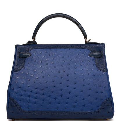 Pre-owned Hermes Ghillies Kelly Retourne 32 Bleu Saphir, Bleu Iris and Bleu de Malte Ostrich Permabrass Hardware