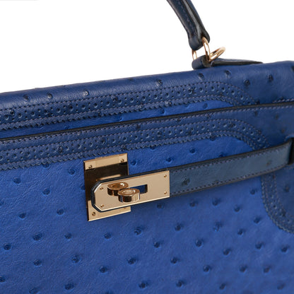 Pre-owned Hermes Ghillies Kelly Retourne 32 Bleu Saphir, Bleu Iris and Bleu de Malte Ostrich Permabrass Hardware