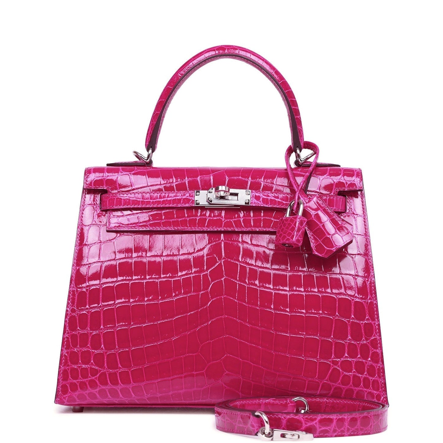 Hermes Kelly Sellier 25 Rose Pourpre Shiny Niloticus Crocodile Palladium Hardware