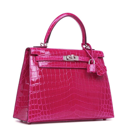 Hermes Kelly Sellier 25 Rose Pourpre Shiny Niloticus Crocodile Palladium Hardware