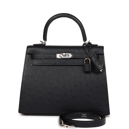 Hermes Kelly Sellier 25 Caban Ostrich Palladium Hardware