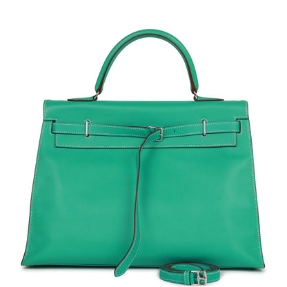 Pre-owned Hermes Kelly Flat 35 Lagoon Swift Palladium Hardware