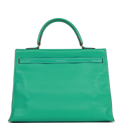 Pre-owned Hermes Kelly Flat 35 Lagoon Swift Palladium Hardware