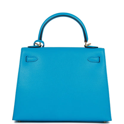 Hermes Kelly Sellier 25 Bleu Frida Chevre Gold Hardware