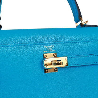 Hermes Kelly Sellier 25 Bleu Frida Chevre Gold Hardware