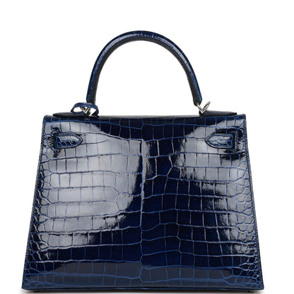 Hermes Kelly Sellier 28 Bleu Saphir Shiny Porosus Crocodile Palladium Hardware