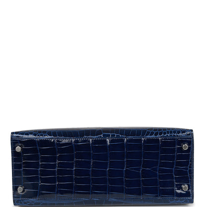 Hermes Kelly Sellier 28 Bleu Saphir Shiny Porosus Crocodile Palladium Hardware