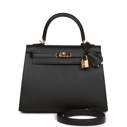 Hermes Kelly Sellier 25 Black Epsom  Gold Hardware