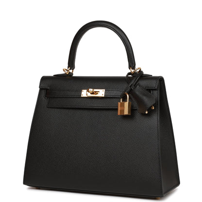 Hermes Kelly Sellier 25 Black Epsom  Gold Hardware