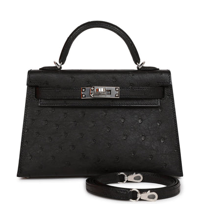 Hermes Kelly Sellier 20 Black Ostrich Palladium Hardware