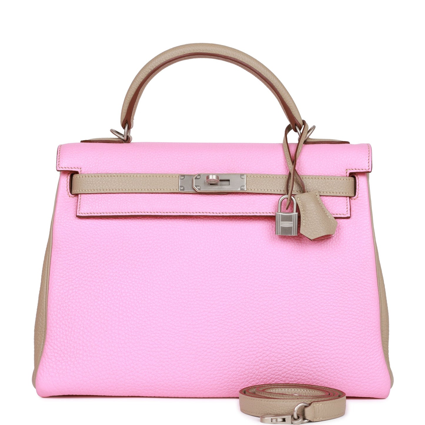 Pre-owned Hermes Special Order (HSS) Kelly Retourne 32 Bubblegum and Gris Tourterelle Clemence Brushed Palladium Hardware