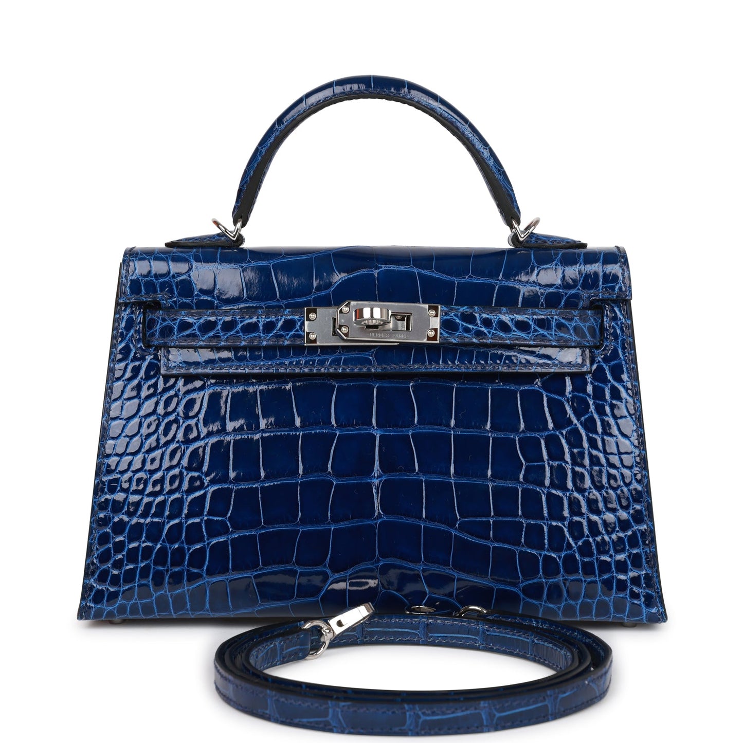 Hermes Kelly Sellier 20 Bleu Saphir Shiny Alligator Palladium Hardware