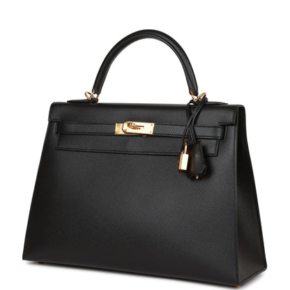 Hermes Kelly Sellier 32 Black Epsom Gold Hardware