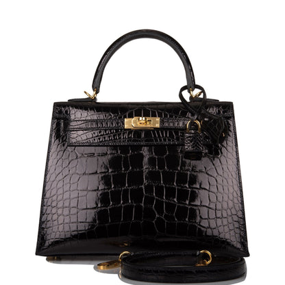 Hermes Kelly Sellier 25 Black Shiny Alligator Gold Hardware