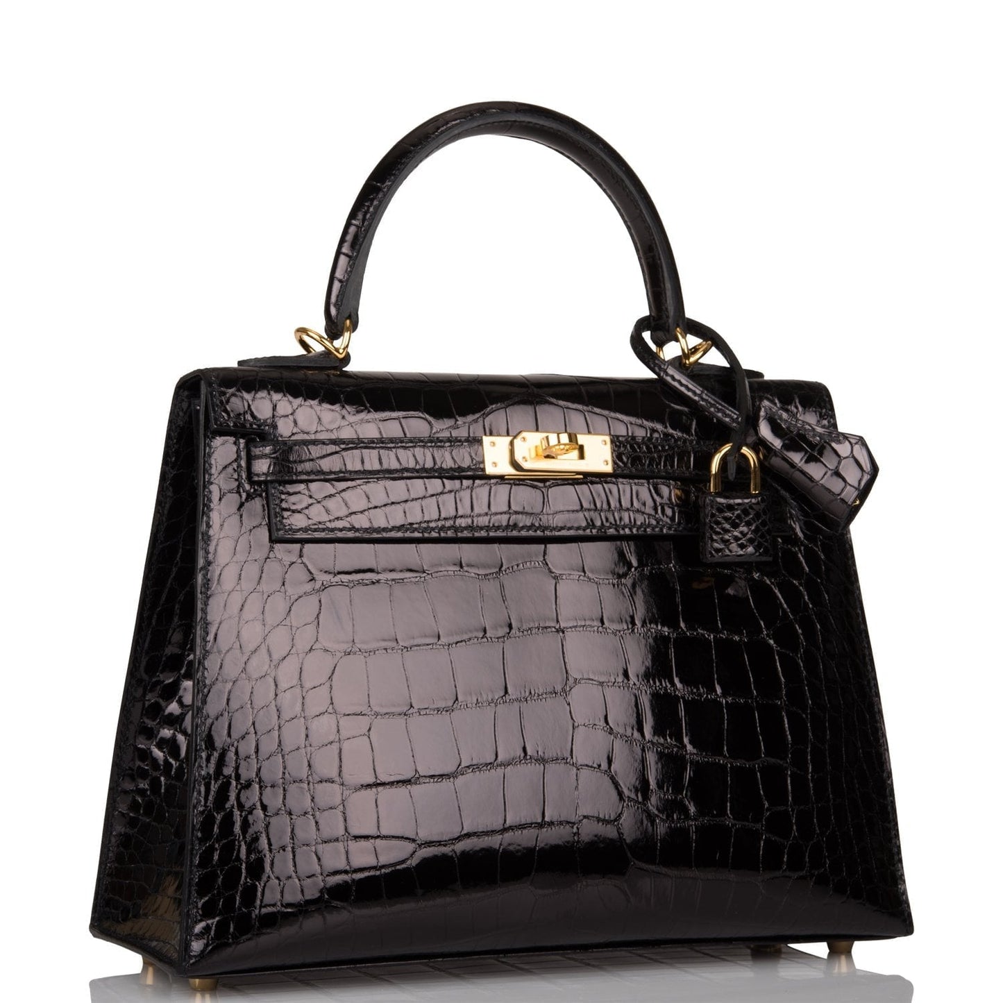 Hermes Kelly Sellier 25 Black Shiny Alligator Gold Hardware