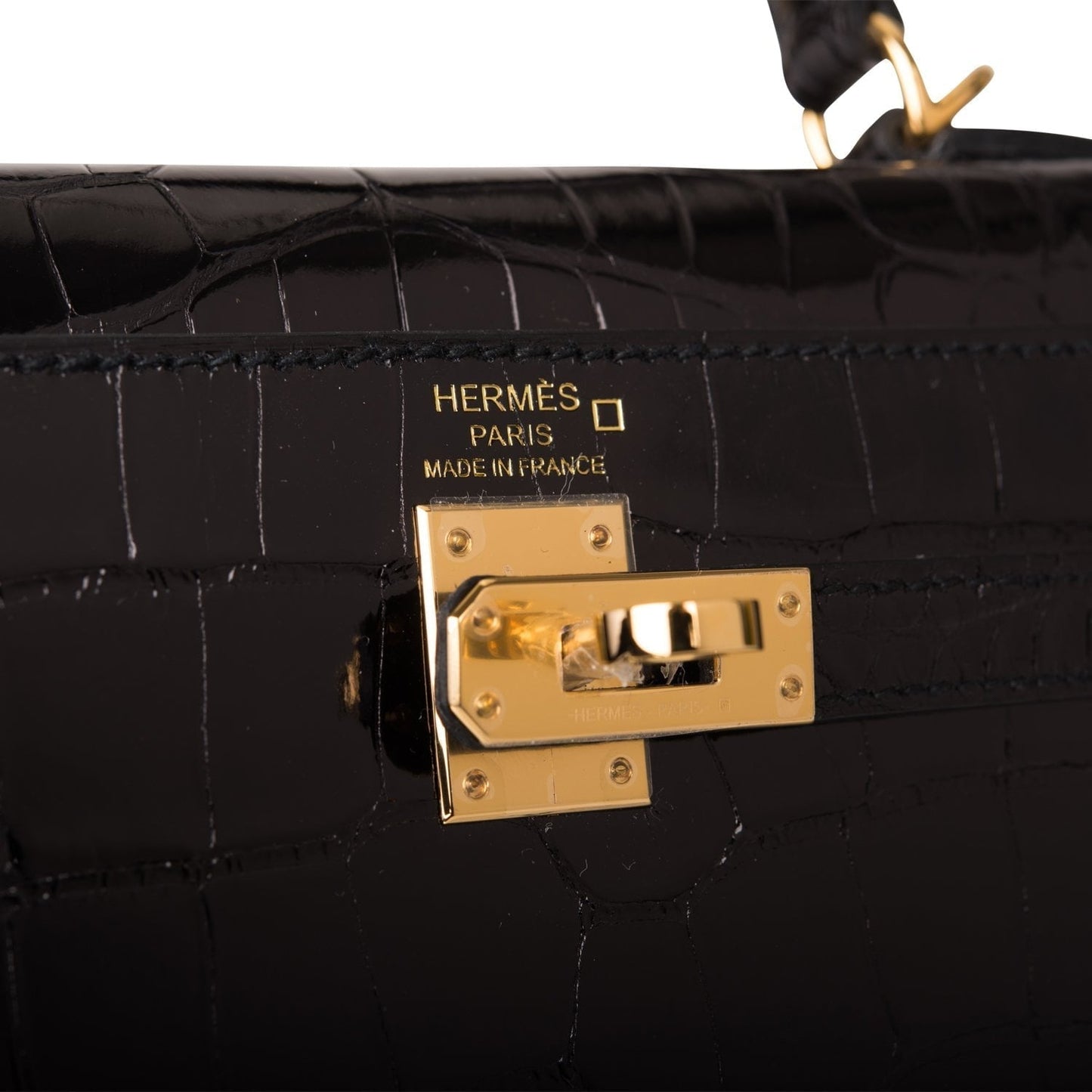 Hermes Kelly Sellier 25 Black Shiny Alligator Gold Hardware