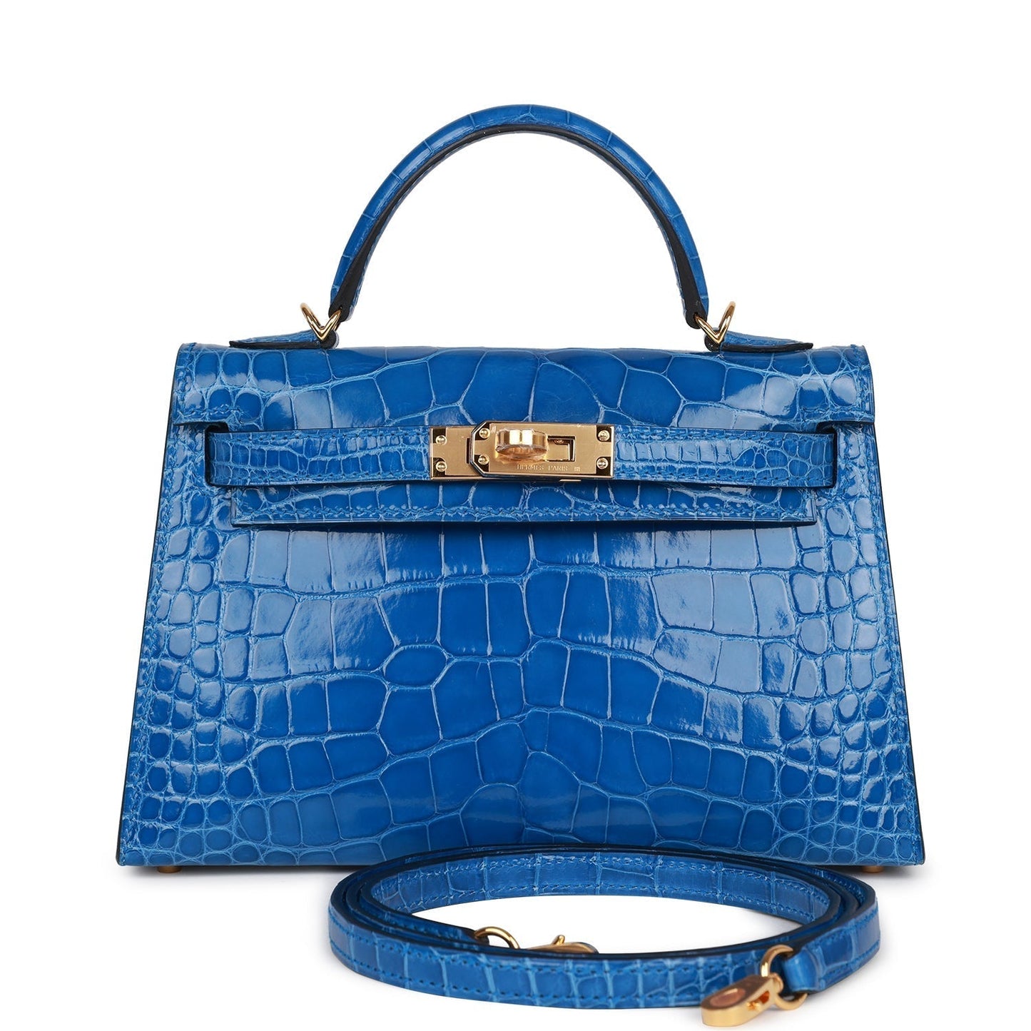 Hermes Kelly Sellier 20 Bleu Zellige Shiny Alligator Gold Hardware