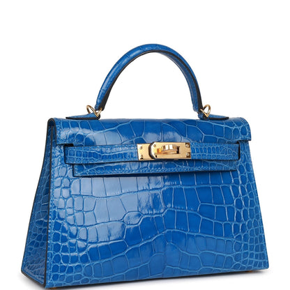 Hermes Kelly Sellier 20 Bleu Zellige Shiny Alligator Gold Hardware