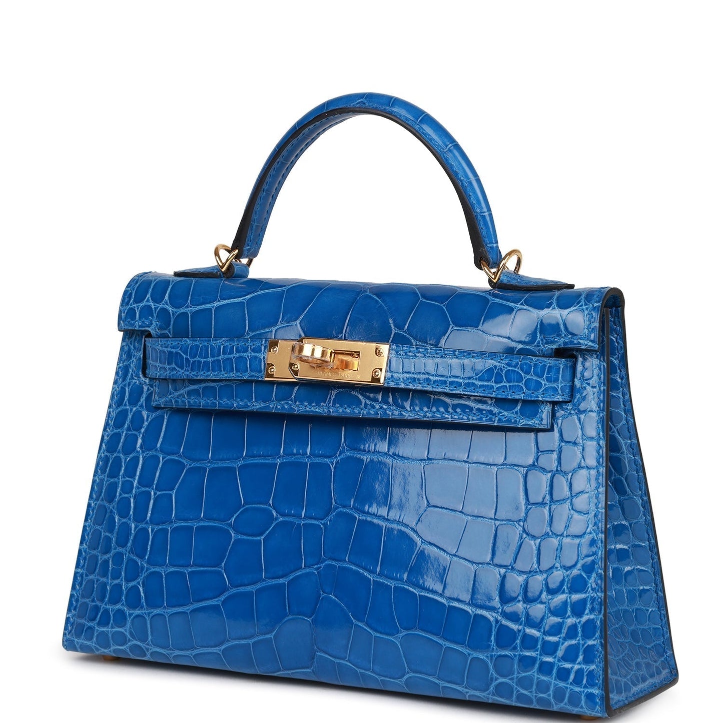 Hermes Kelly Sellier 20 Bleu Zellige Shiny Alligator Gold Hardware