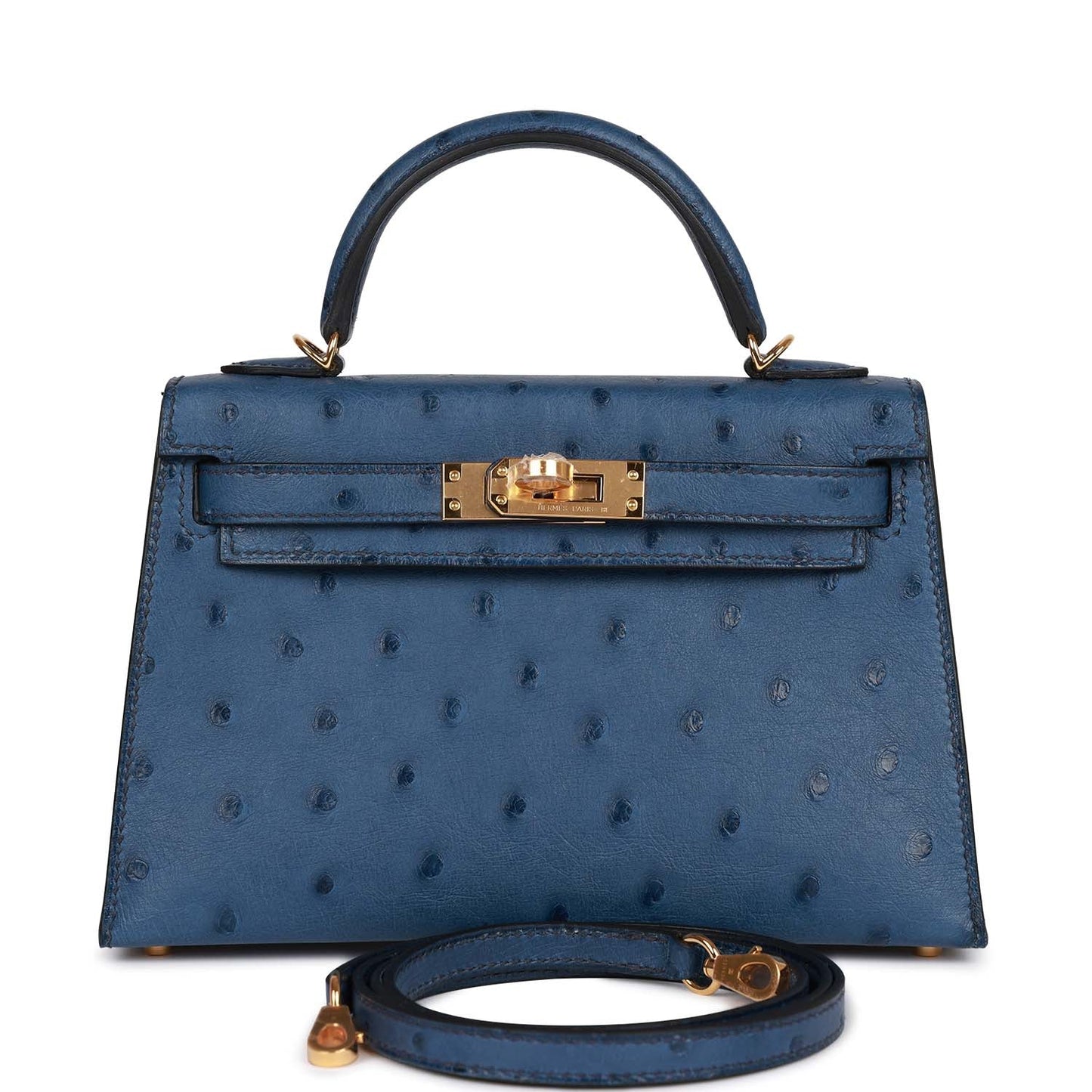 Hermes Kelly Sellier 20 Bleu Iris Ostrich Gold Hardware