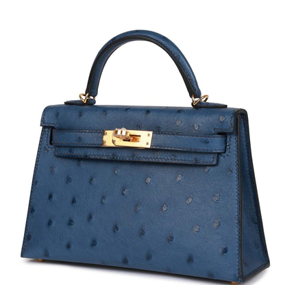 Hermes Kelly Sellier 20 Bleu Iris Ostrich Gold Hardware