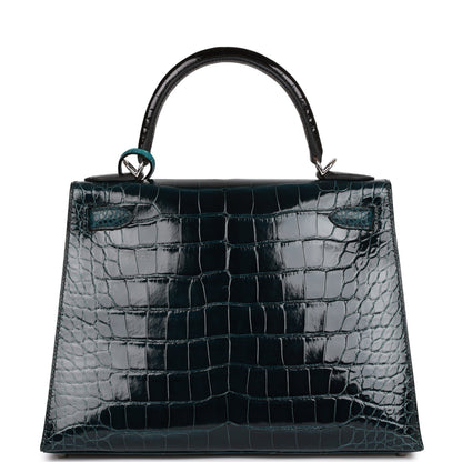 Hermes Kelly Sellier 28 Tri-color Black, Vert Rousseau and Vert Bosphore Shiny and Matte Alligator Palladium Hardware