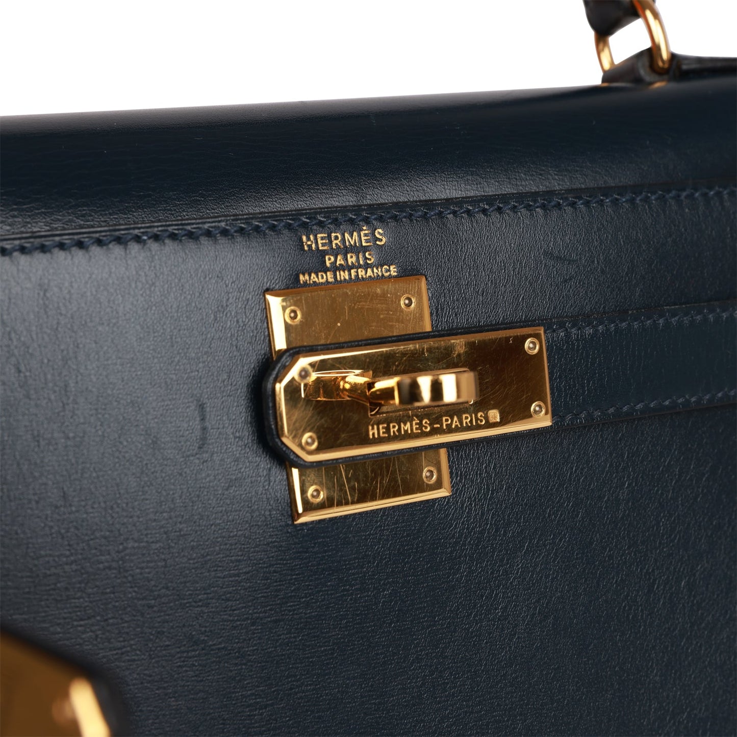 Vintage Hermes Kelly Sellier 28 Bleu Marine Box Gold Hardware