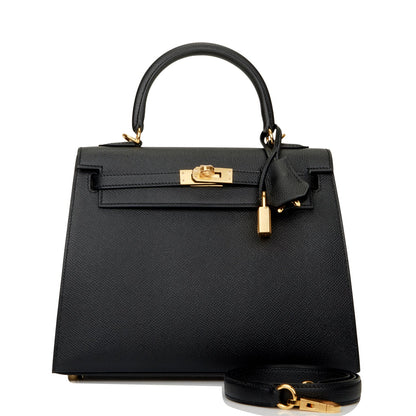 Hermes Kelly Sellier 25 Black Epsom Gold Hardware