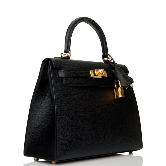 Hermes Kelly Sellier 25 Black Epsom Gold Hardware