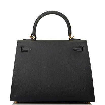 Hermes Kelly Sellier 25 Black Epsom Gold Hardware