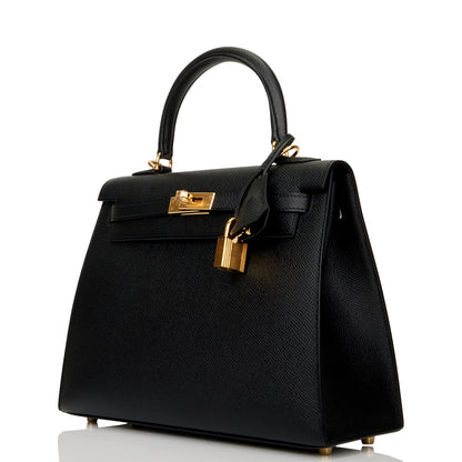 Hermes Kelly Sellier 25 Black Epsom Gold Hardware