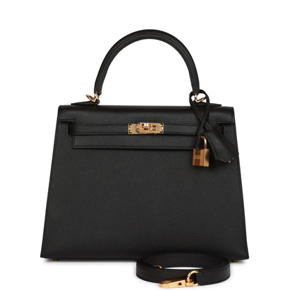 Hermes Kelly Sellier 25 Black Epsom Gold Hardware