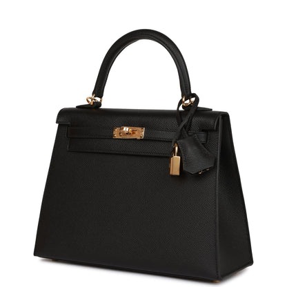 Hermes Kelly Sellier 25 Black Epsom Gold Hardware