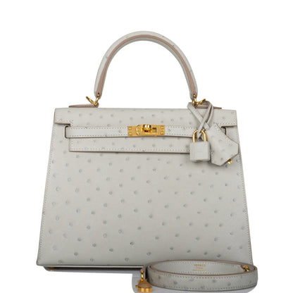 Hermes Kelly Sellier 25 Gris Perle Ostrich Gold Hardware