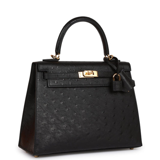 Hermes Kelly Sellier 25 Black Ostrich Gold Hardware