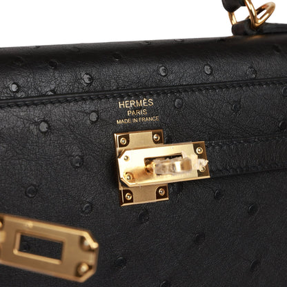 Hermes Kelly Sellier 25 Black Ostrich Gold Hardware