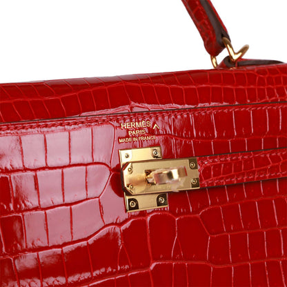 Hermes Kelly Sellier 25 Braise Shiny Porosus Crocodile Gold Hardware