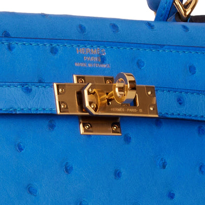 Hermes Kelly Sellier 25 Bleuet Ostrich Gold Hardware