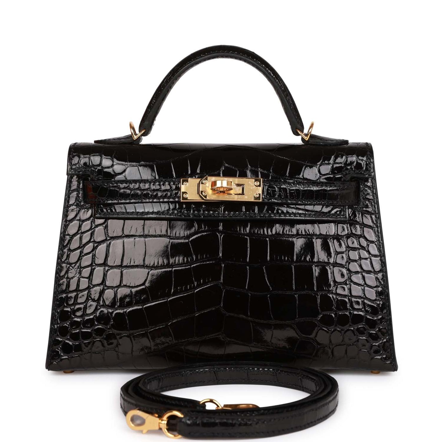 Hermes Kelly Sellier 20 Black Shiny Alligator Gold Hardware