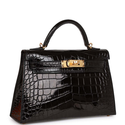 Hermes Kelly Sellier 20 Black Shiny Alligator Gold Hardware