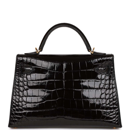 Hermes Kelly Sellier 20 Black Shiny Alligator Gold Hardware