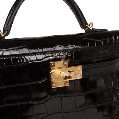 Hermes Kelly Sellier 20 Black Shiny Alligator Gold Hardware