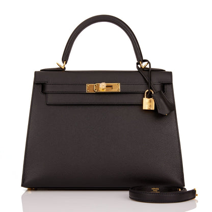 Hermes Kelly Sellier 28 Black Epsom Gold Hardware