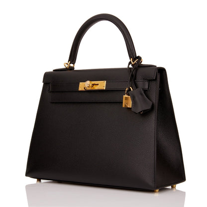 Hermes Kelly Sellier 28 Black Epsom Gold Hardware